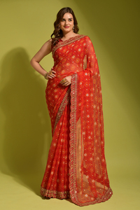Sari en Georgette Chiffon à Imprimé Floral et Broderies Métallisées avec Blouse Non Cousue - Product Image 5