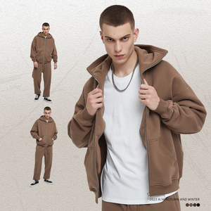 Sweat à capuche unisexe ample doublé en coton, imprimé sérigraphié, avec logo frontal personnalisé, délavé à l'acide, entièrement uni, à fermeture éclair, pour l'hiver - Product Image 4