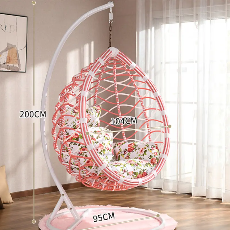 Large Hanging Egg Chair with Stand Egg Swing Chair Outdoor Indoor pink PE Rattan Hanging Chair with pink Comfort Cushion Outdoor