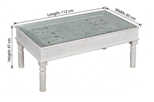 Hand-Carved Solid Wood Coffee <b>Table</b> -Glass Top <b>White</b> Washed Center <b>Table</b> -Floral Jali Work Shabby Chic Tea <b>Table</b>- Indian Antique - Product Image 4