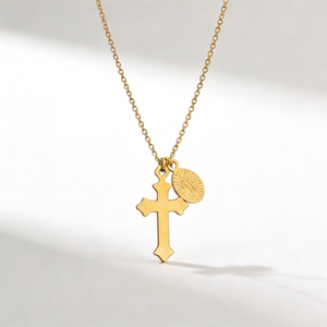 Bijoux religieux chrétiens, collier avec pendentif croix crucifix Vierge Marie Jésus, chaîne à maillons, acier inoxydable doré, couleur or rose - Product Image 6