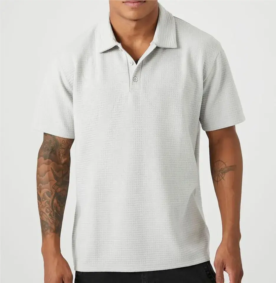 New Style Textured Short Sleeve Polo Shirt Waffle Knit Button Placket Polo Polyester T Shirt Men