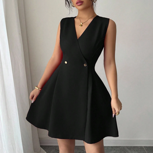 Abito Estivo Elegante Mini a Trapezio da <span class=keywords><strong>Donna</strong></span> Senza Maniche con Scollo a V Profondo Tinta Unita al Ginocchio per Feste <span class=keywords><strong>Abbigliamento</strong></span> Boutique - Product Image 4