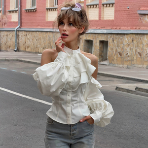 Ruffle <b>Layered</b> Halter Off Shoulder Stand Collar Blouse Waist Cinching French Palace Hot Girl Office Elegant Flattering <b>Top</b> - Product Image 2