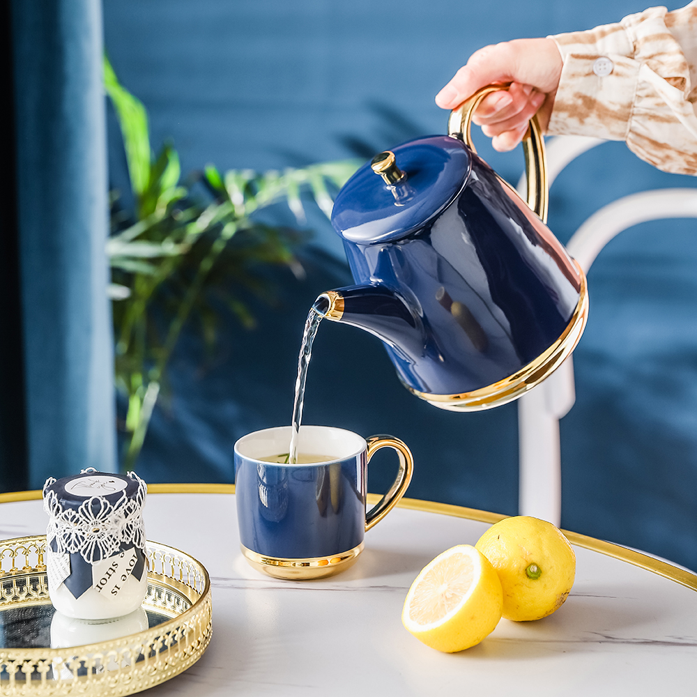 Wholesale Blue Ceramic Tea Set with 6 Cups & Gold Rim, Gift Boxed