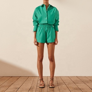 Completo Primaverile Estivo Verde per Donna, Camicia in Lino a Maniche Lunghe Casual, Set 2 Pezzi Elegante con Pantaloncini Larghi, <span class=keywords><strong>Tuta</strong></span> Sportiva - Product Image 1