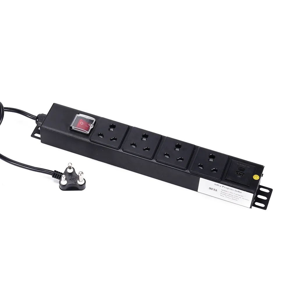 Vỏ Hợp Kim Nhôm PDU 6 / 16A Ấn Độ 4 Chiều Outelts Ấn Độ PDU Với USB Và Loại C