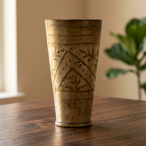 Handmade Brass Modern Leaf Design Lassi Glass with Decorative Border <b>Top</b> Bottom Punjabi Style Home <b>Table</b> <b>Decoration</b> Gift NGL-236 - Product Image 3