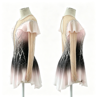 Costume de patinage artistique noir et rose ombré avec manches à volants, dos en V profond en maille et jupe ornée de strass pour enfants et filles, idéal pour les spectacles
