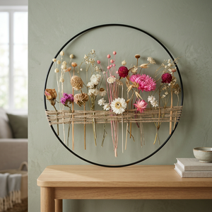 Corona de Flores Secas Redonda, Arte Decorativo Bohemio Hecho a Mano para Pared, Paquete Individual Sin Iluminación - Product Image 3
