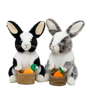 J588 12英寸可爱灰色黑色兔子胡萝卜篮毛绒毛绒动物娃娃儿童礼品家居装饰毛绒亲肤兔