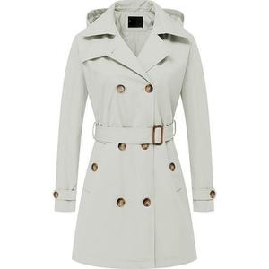 女性用エレガント防水トレンチコートダブルブレストクラシックラペルオーバーコートベルト付きスリムウインドブレーカーコート取り外し可能なフード付き - Product Image 3