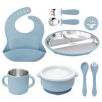 Ensemble d'alimentation pour bébé en acier inoxydable et silicone sans BPA, qualité platine, avec ventouse, comprenant bol, fourchettes et bavoirs, vente en gros