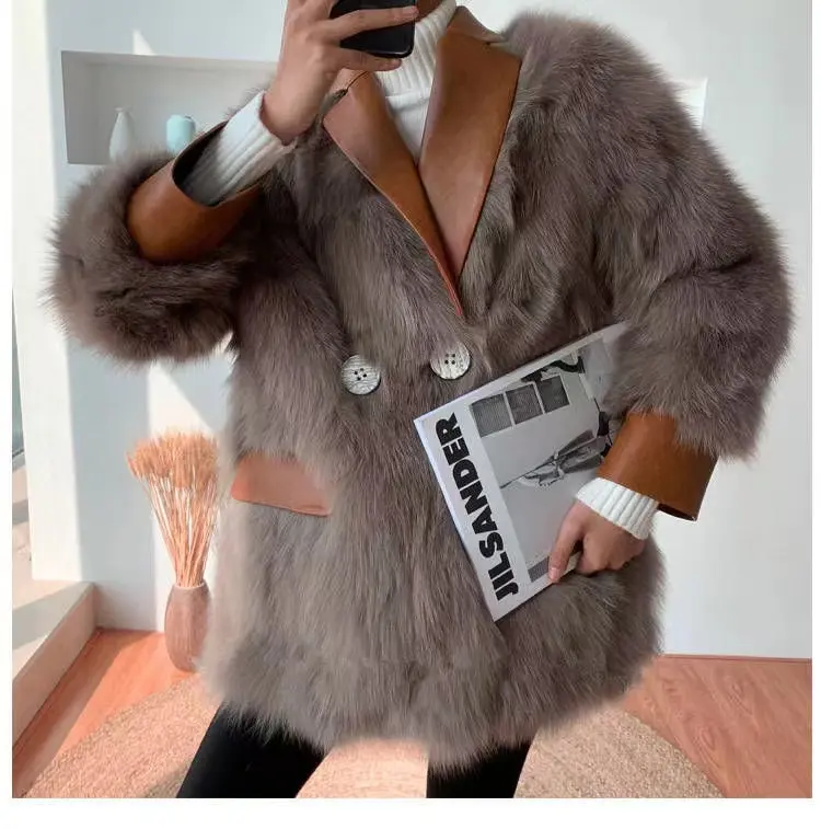 J&H 2021 winter windbroof jacket women high quality luxury v neck leather patchwork long fluffy faux fur coat