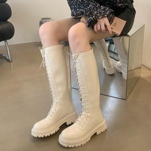 Botas de montar de lujo de alta gama para mujer, estilo western, con cordones, parte superior de microfibra, tacón de cuña grueso, antideslizantes y elegantes. - Product Image 3
