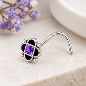 Indian Mores 925 Sterling <b>Silver</b> Purple Amethyst Square <b>Nose</b> Pin Cup Setting <b>Stud</b> Traditional Ethnic Jewelry for Women Girls - Product Image 4