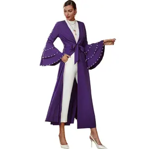 Großhandel Custom Shopping Online Großhandel Lieferant 3-lagige Perlen Robe Femme Chiffon Abaya Muslim Kleid Schwarz Open Abaya