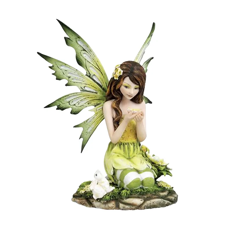 Estatuas de hadas de flores de resina personalizadas al por mayor, figuritas de jardín de hadas de Ángel verde ornamento para Decoración