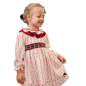 Vestido de fiesta para niñas con doble cuello de volantes y pretina de terciopelo ODM OEM al por mayor vestido fruncido para Niña-DR4290 - Product Image 1