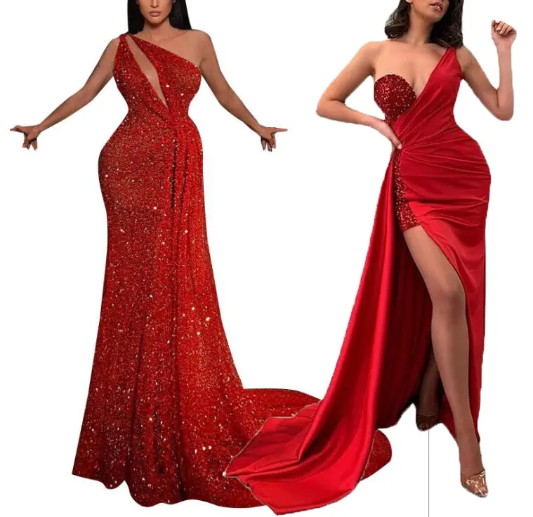 Vestido de noche rojo plisado con lentejuelas para mujer, ropa de fiesta, ceñido