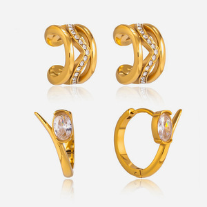 Boucles d'oreilles à clipser géométriques en forme de C, dorées, incrustées de zircon, bijoux de fête, en acier inoxydable, pour femmes - Product Image 1