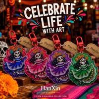 Porte-clés en acrylique personnalisé HanXin Boutique Fiesta Calavera, breloque artistique Jour des Morts, petit format, vente en gros, fournisseur d'usine, en vrac