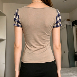 Simple Summer Eco-Friendly Plaid Contrast Color Patchwork Casual Short Sleeve T-<b>Shirt</b> Top for Women - Product Image 5