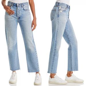 กางเกงยีนส์ทรงคลาสสิคห้ากระเป๋า สีน้ำเงินฟอก สไตล์ยุค 90 เอวสูง ทรงตรงขาสั้นสำหรับผู้หญิง - Product Image 1