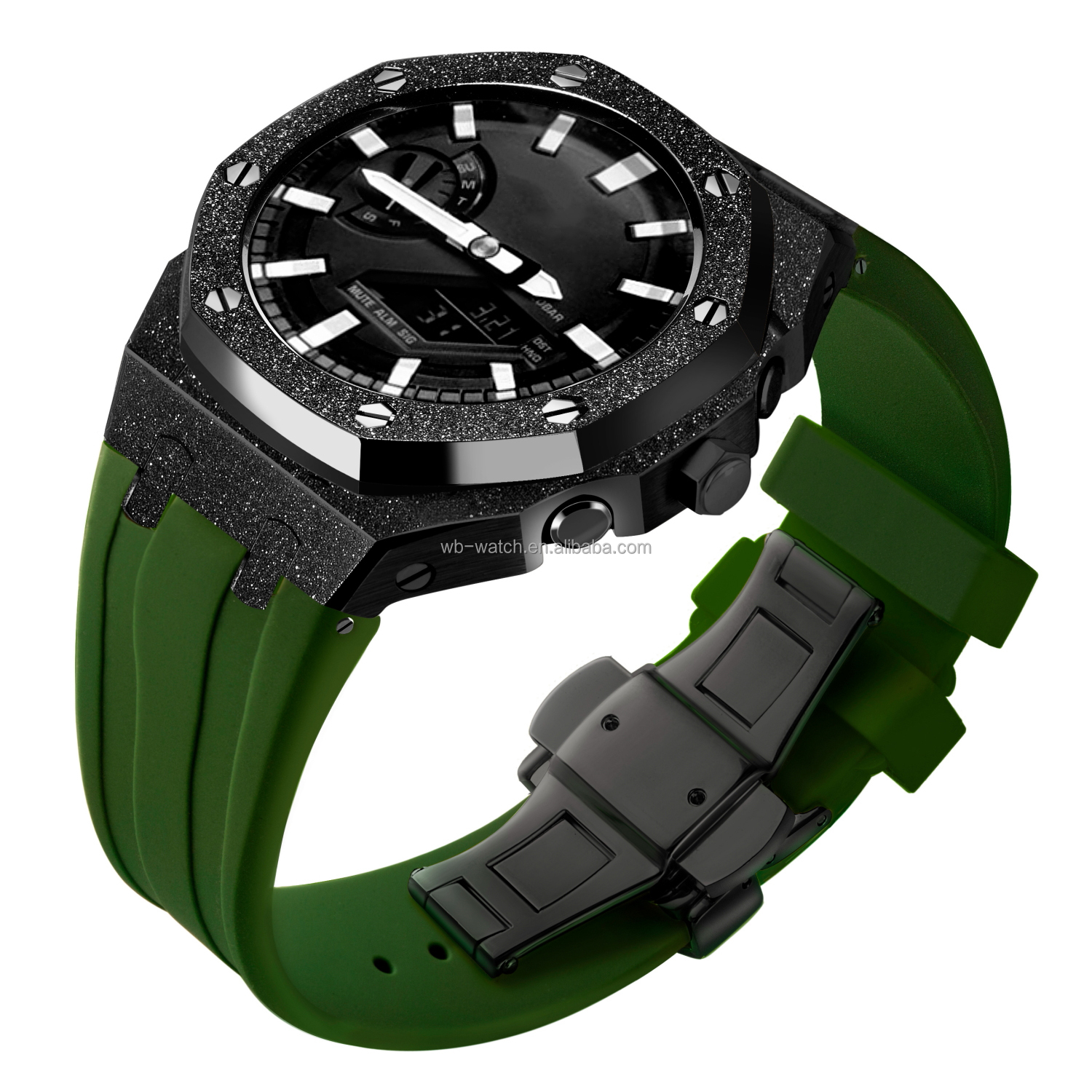 Boîtier noir givré + bracelet en silicone vert