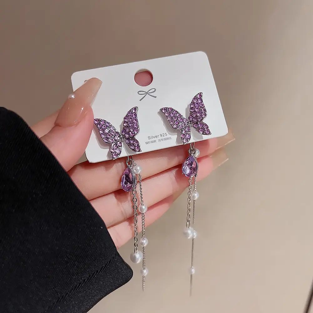 DAIHE Korean S925 Silver Needle Long Full Diamond Purple Butterfly Pearl Earrings Women Luxury Ear Jewelry