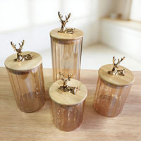 Pot en verre borosilicate ambré à rayures verticales, récipient de stockage alimentaire, pot de rangement en verre pour la cuisine avec couvercle en bambou tête de cerf