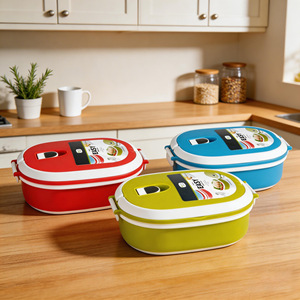 Lunch <b>Box</b> Double Layer Plastic Sealed With Handle Round <b>Red</b> Green Blue Solid Color Student Portable - Product Image 3