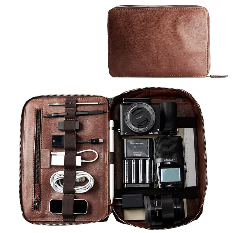 Top leather gadget bag travel portable tech organizer pouch electronics cables cord storage carry case dopp kit organiser