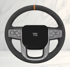 Volant de direction à fond plat en cuir perforé en fibre de carbone avec bande rouge YZ pour GMC Sierra 1500 <span class=keywords><strong>2500</strong></span> HD 3500 <span class=keywords><strong>Diesel</strong></span> modifié - Product Image 1