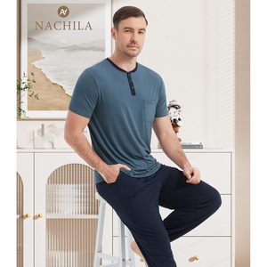 Conjunto de Pijama para Hombre, Camiseta de Manga Corta con Pantalones Holgados, Ropa de Dormir Suave con Cuello en V, Tejido de Fibra de Bambú, 2 Piezas - Product Image 5