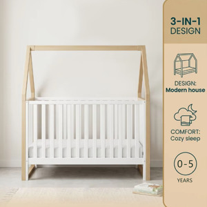Baby <b>House</b> Wooden <b>Bed</b> 3-in-1 Baby Cot <b>Bed</b> Toddler <b>Bed</b> & Toddler Sofa Cot with Protective Teething Rails - Product Image 4