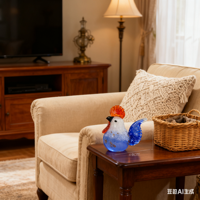Ornement de mascotte de coq en verre moderne et écologique, figurine animale unique avec corps en verre texturé et décoration artistique en plumes