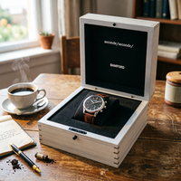 Boîte à montre en bois contreplaqué cousue avec doublure en mousse noire personnalisée, surface supérieure imprimée, fermeture à pression pour l'emballage et la présentation de montres de luxe