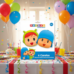Masques d'anniversaire en plastique Pocoyo, 6 pièces pour enfants de 18 mois et plus - Product Image 1