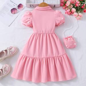 Vestido de Princesa con Mangas Abullonadas de Color Rosa Claro Sólido para Niña, con Bolso de Hombro con Perlas, para Actuaciones - Product Image 2