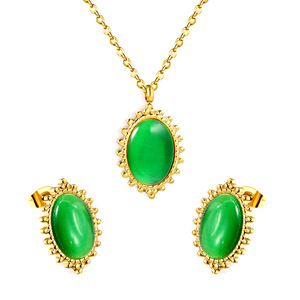 Oval Cat's Eye Stone Jewelry <b>Set</b> Women's Gold Plated <b>Beaded</b> Trim Necklace Earrings Everyday Wear Fine Jewelry - Product Image 2