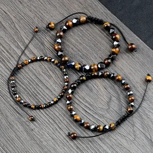 Bracelets tressés en hématite irrégulière de haute qualité 4mm/6mm/8mm, Bracelet réglable en pierre naturelle oeil de tigre pour cadeau unisexe