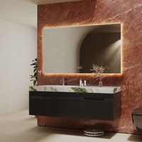 Mueble de Baño Flotante Minimalista de Madera Maciza Natural con Lavabo de Cerámica Integrado y Espejo LED Inteligente