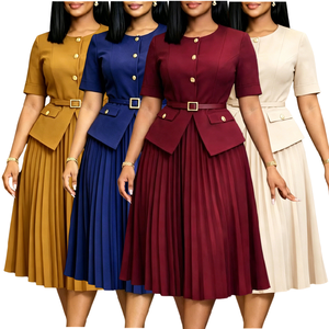 2026 Trendy Summer Career Dresses Women Lady Elegant O- Neck Single-breasted Two Piece Illusion Pleated Casual Dresses With Belt - Product Image 1
