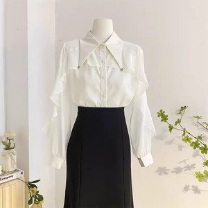 S-XL उच्च अंत की स्टड लैपल शैली सैटिन शर्ट लंबी आस्तीन शिफॉन रूफल्ड शीर्ष - Product Image 1