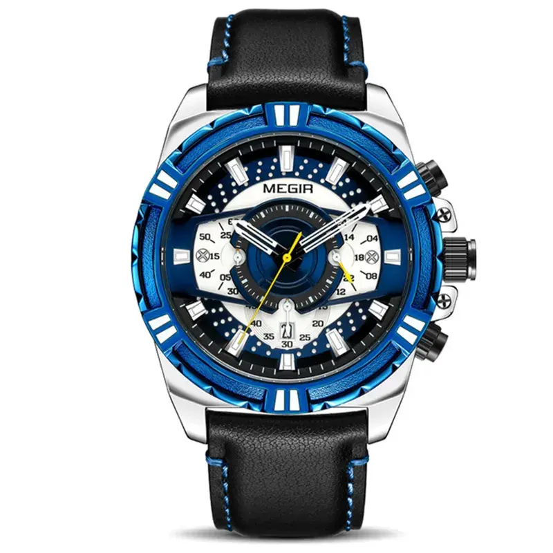 New Megir 2118 Quartz Watch Leather Strap Sports Waterproof Watch Timing Wrist Watch For Men's Fashion Simple