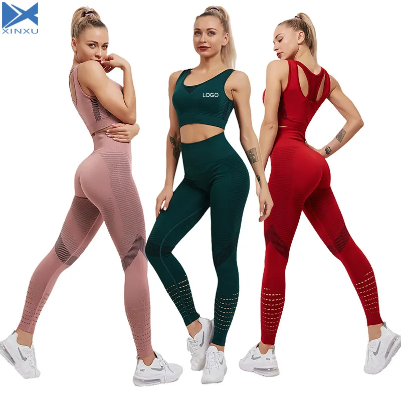 XINXU Set Legging berongga untuk wanita, Set olahraga Yoga Gym pengangkat bokong dengan atasan kustom musim panas