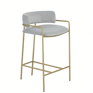Tabouret de bar à dossier bas rembourré gris avec structure en métal doré, design contemporain pour usage commercial - Product Image 1
