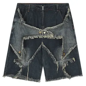 Wholesale Denim Shorts Men Wash Embroidered Patchwork Zipper Frayed Denim Shorts