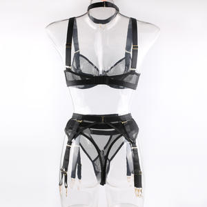 Damen Sexy Dessous Set Polyester Gestrickt Schwarz Mesh ODM Großhandel Versorgung Heiße Unterwäsche - Product Image 4